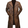 Mens Genuine Leather Trench Coat Brown Waxed Leather Jacket Steampunk Long Coat