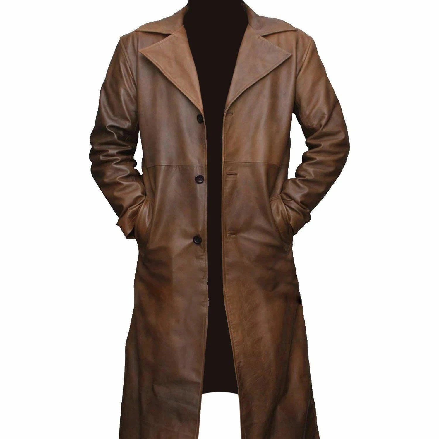 Mens Genuine Leather Trench Coat Brown Waxed Leather Jacket Steampunk Long Coat