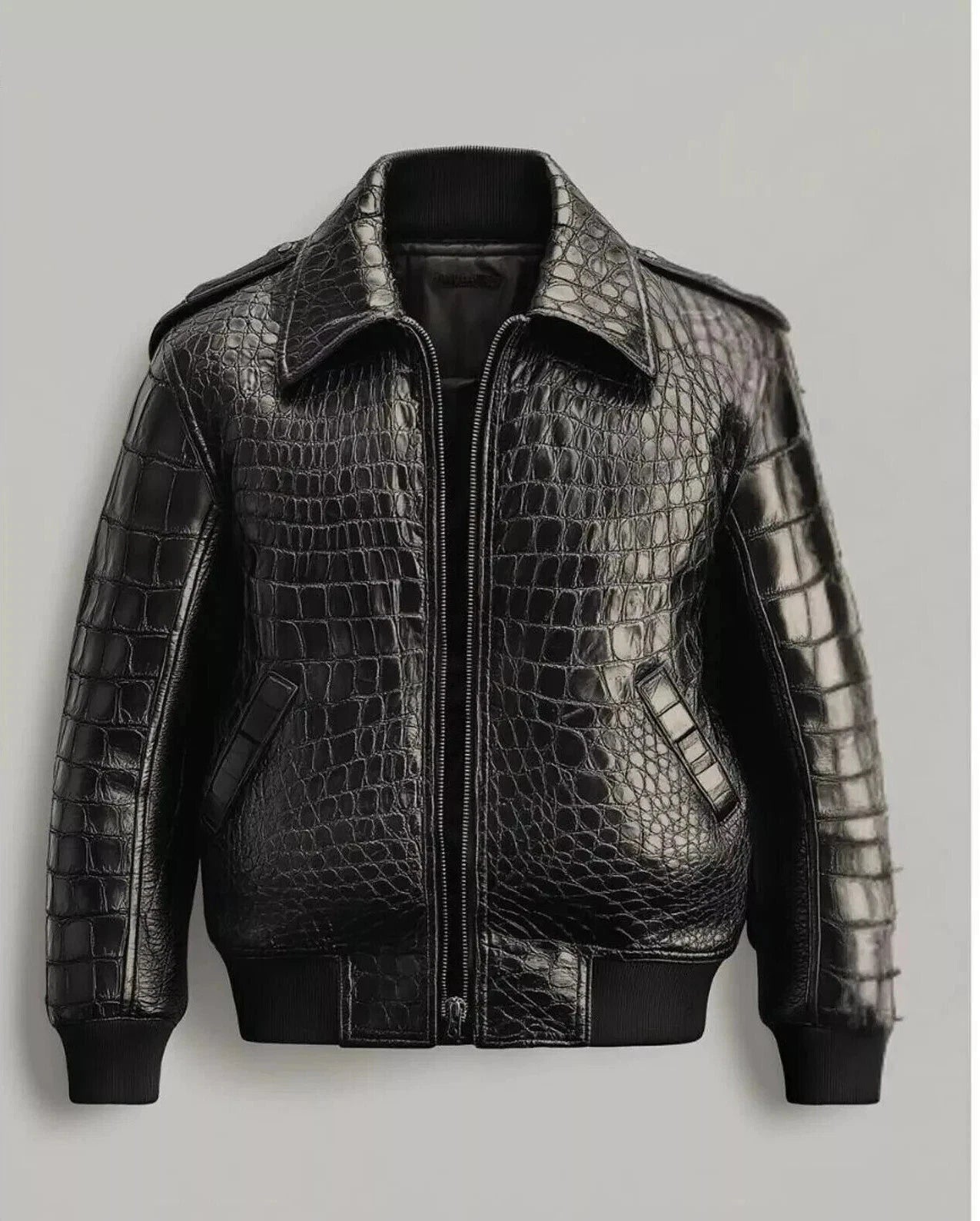 Men's Black Real Leather Crocodile Embossed Jacket Biker Alligator Print Jacket