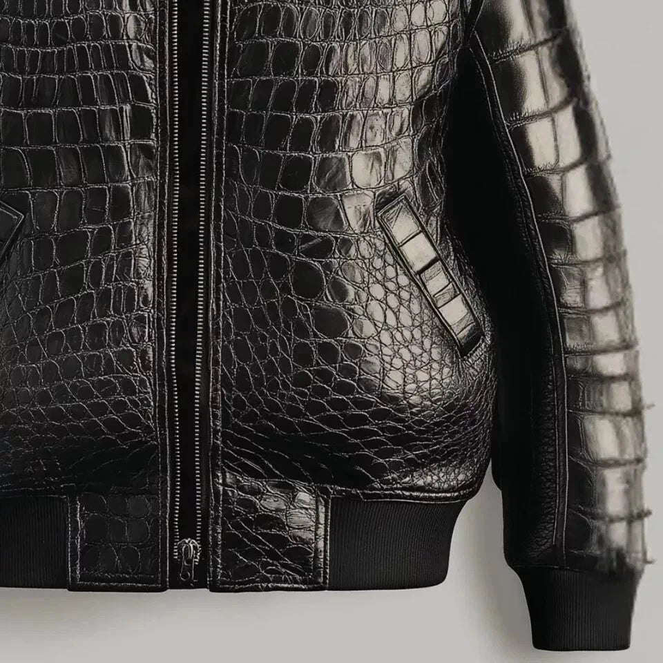 Men's Black Real Leather Crocodile Embossed Jacket Biker Alligator Print Jacket