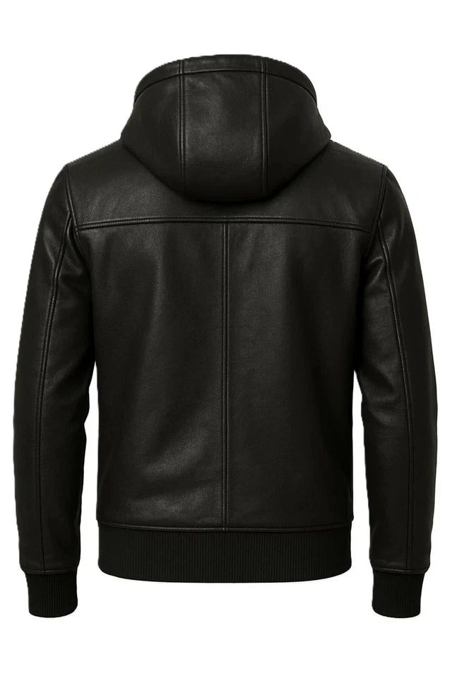 Men's Black Real Leather Hoodie Genuine Cowhide Leather Bomber Hooded Jacket
