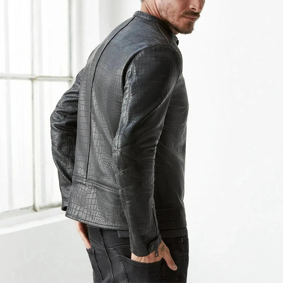 Men's Leather Jacket Black Crocodile Pattern Real Luxury Leather Jacket