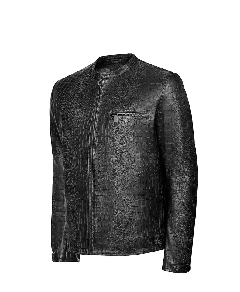Men's Leather Jacket Black Crocodile Pattern Real Luxury Leather Jacket