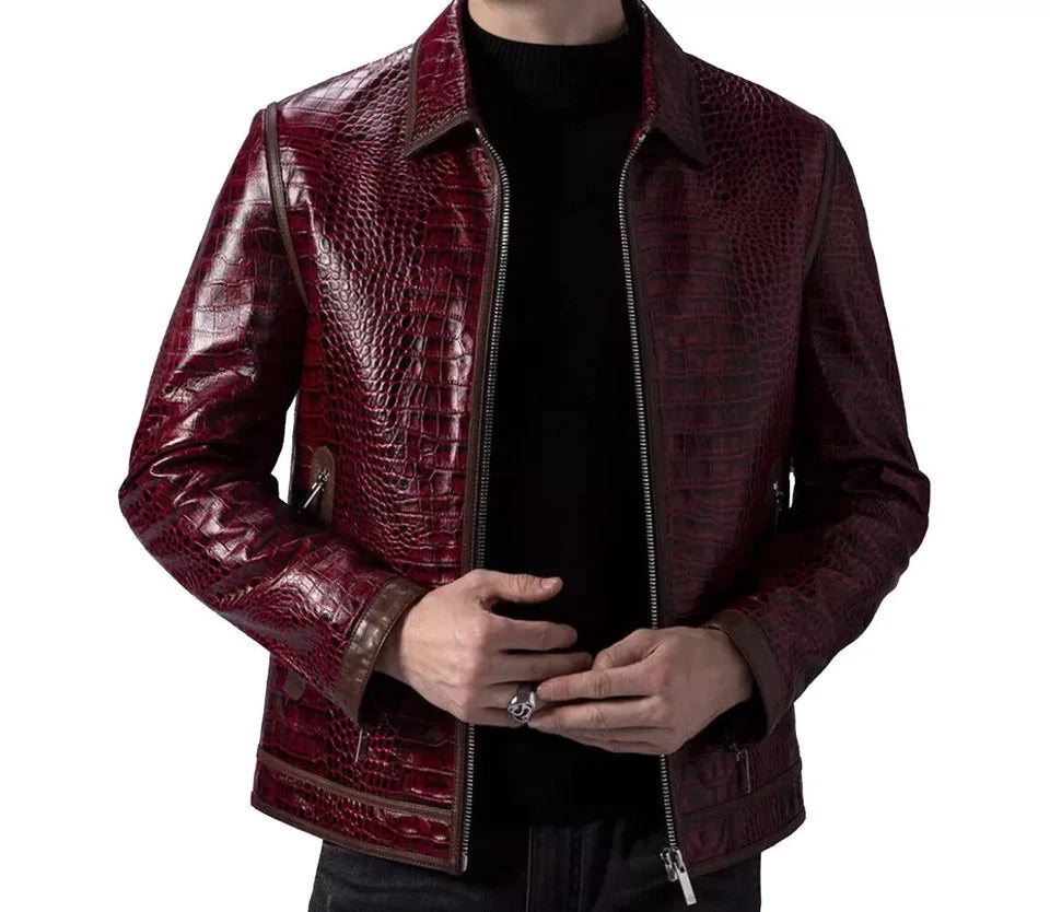 Men's Leather Jacket Burgundy Crocodile Pattern Real Luxury Leather Moto Jacket