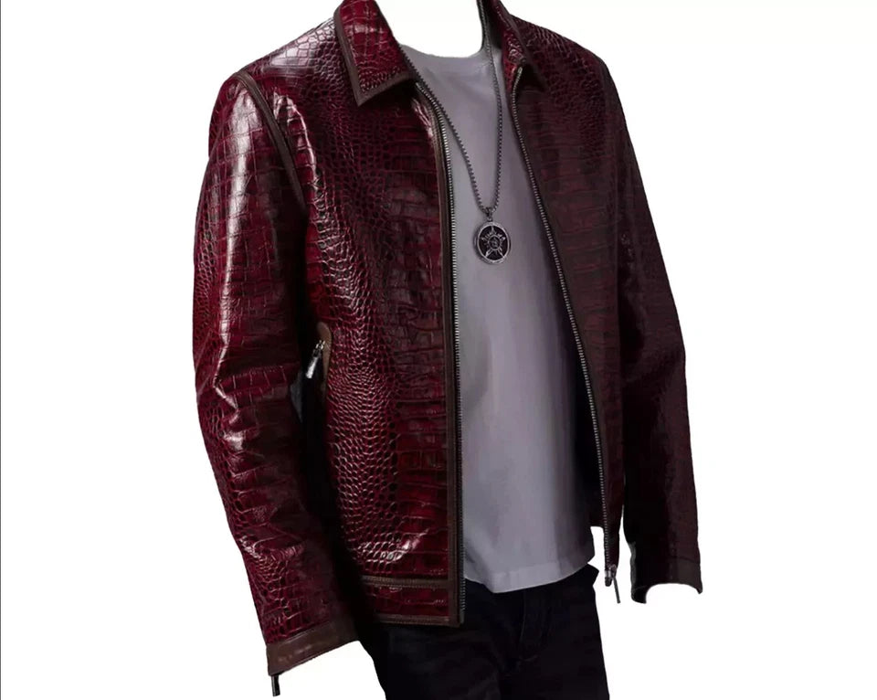 Men's Leather Jacket Burgundy Crocodile Pattern Real Luxury Leather Moto Jacket
