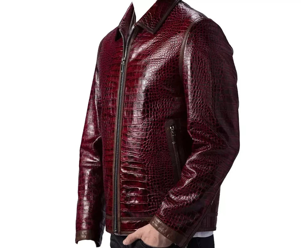 Men's Leather Jacket Burgundy Crocodile Pattern Real Luxury Leather Moto Jacket