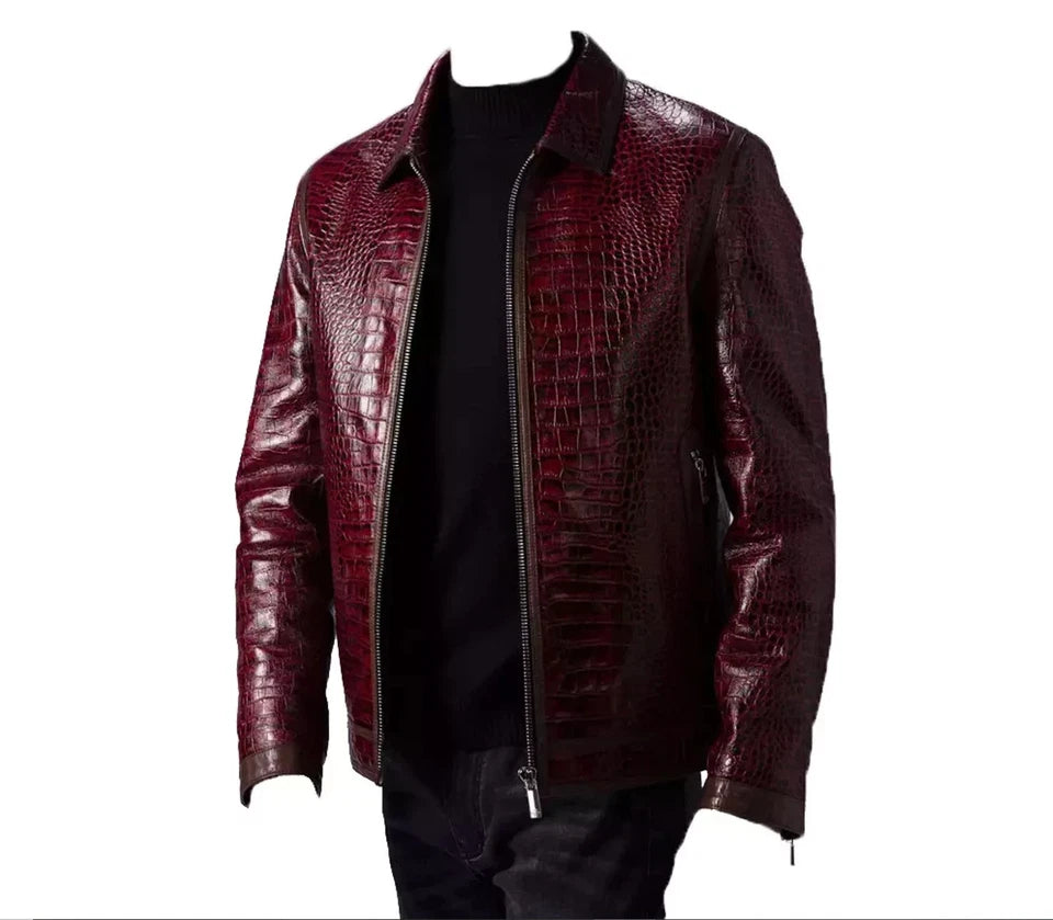 Men's Leather Jacket Burgundy Crocodile Pattern Real Luxury Leather Moto Jacket