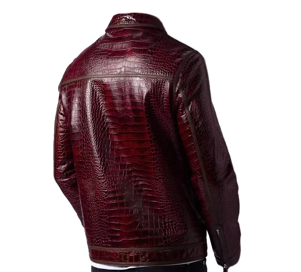 Men's Leather Jacket Burgundy Crocodile Pattern Real Luxury Leather Moto Jacket