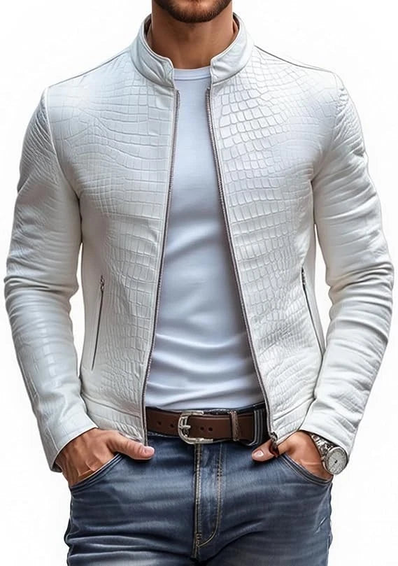 Men's Leather Jacket White Crocodile Pattern Real Luxury Leather Jacket