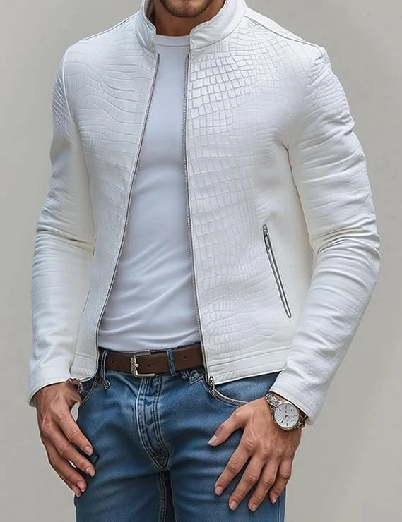 Men's Leather Jacket White Crocodile Pattern Real Luxury Leather Jacket