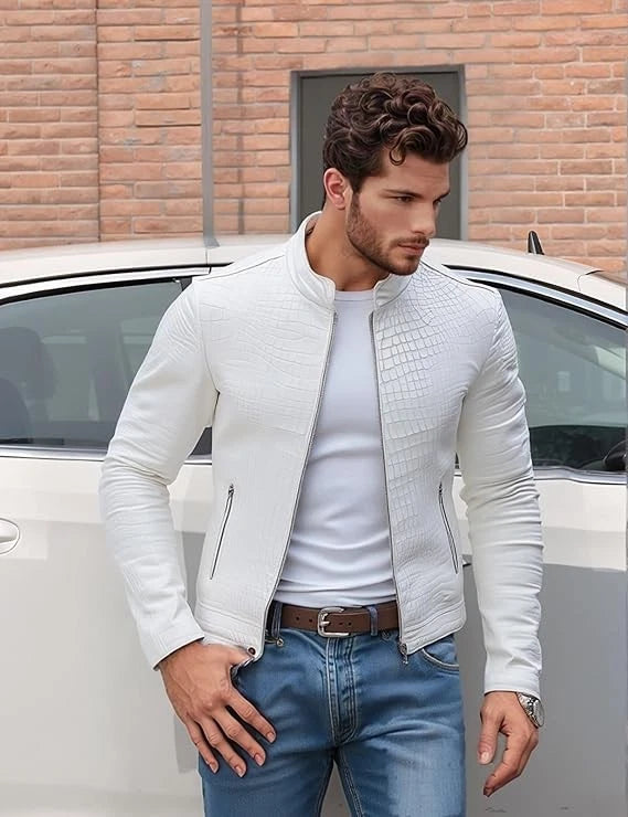 Men's Leather Jacket White Crocodile Pattern Real Luxury Leather Jacket