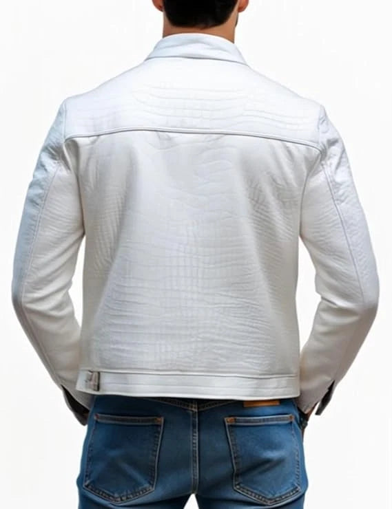 Men's Leather Jacket White Crocodile Pattern Real Luxury Leather Jacket