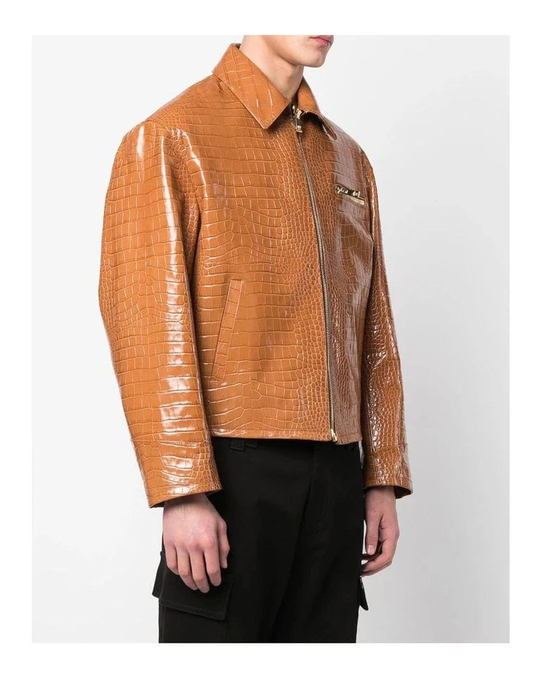 Men's Leather Jacket Brown Crocodile Pattern Real Luxury Leather Jacket