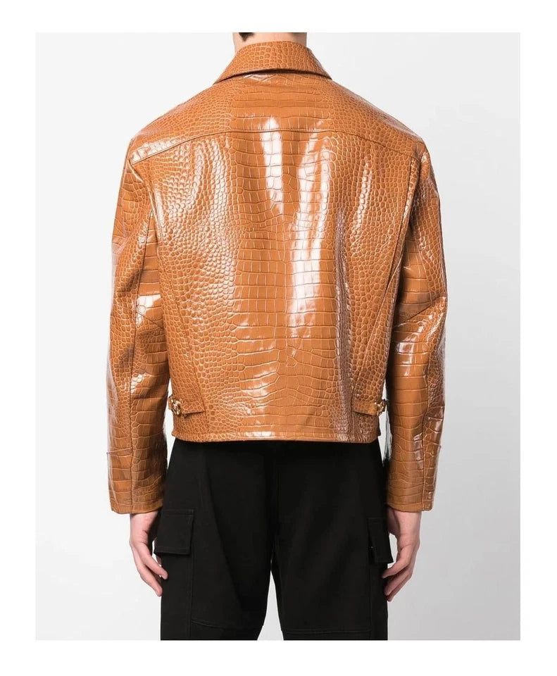 Men's Leather Jacket Brown Crocodile Pattern Real Luxury Leather Jacket
