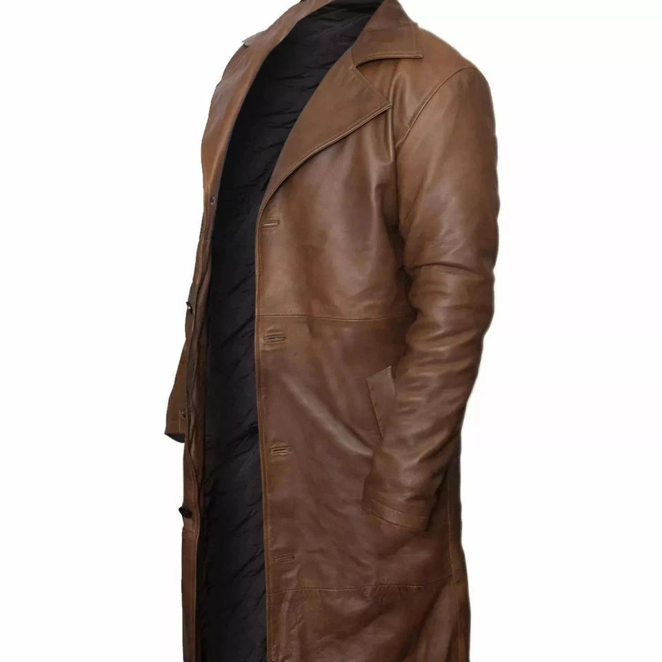 Mens Genuine Leather Trench Coat Brown Waxed Leather Jacket Steampunk Long Coat