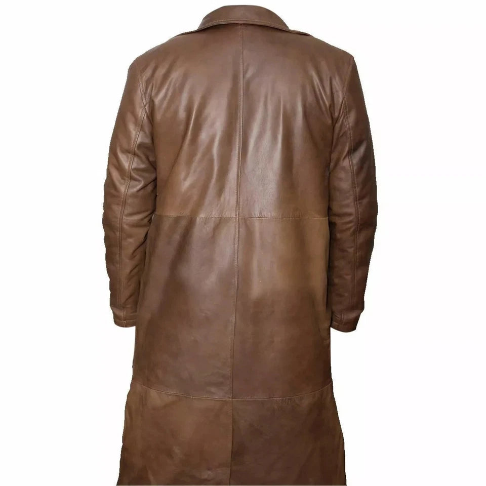 Mens Genuine Leather Trench Coat Brown Waxed Leather Jacket Steampunk Long Coat