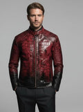 Men's Leather Jacket Red & Black Crocodile Pattern Real Luxury Leather Jacket