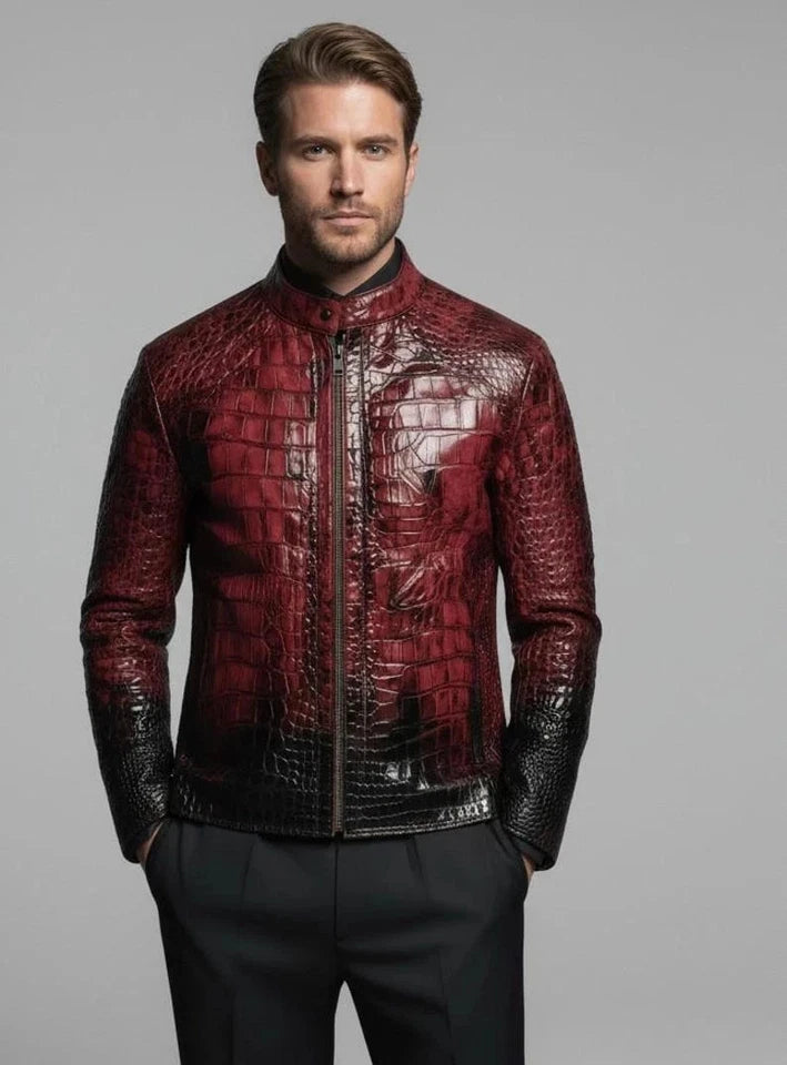 Men's Leather Jacket Red & Black Crocodile Pattern Real Luxury Leather Jacket