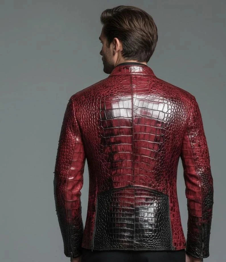 Men's Leather Jacket Red & Black Crocodile Pattern Real Luxury Leather Jacket