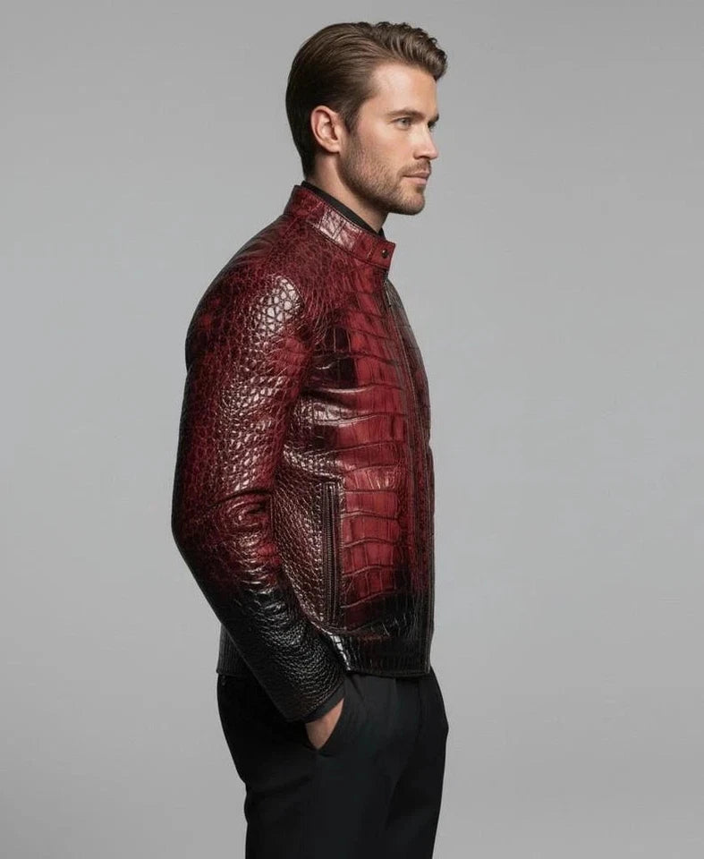Men's Leather Jacket Red & Black Crocodile Pattern Real Luxury Leather Jacket