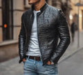 Men’s Designer Black Crocodile Pattern 100% Real Leather Luxury Jacket Coat