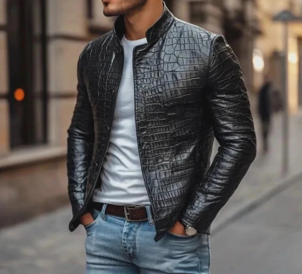 Men’s Designer Black Crocodile Pattern 100% Real Leather Luxury Jacket Coat