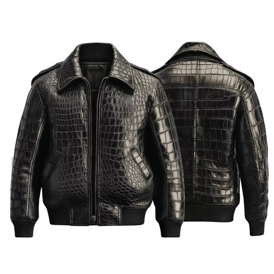 Men's Black Real Leather Crocodile Embossed Jacket Biker Alligator Print Jacket
