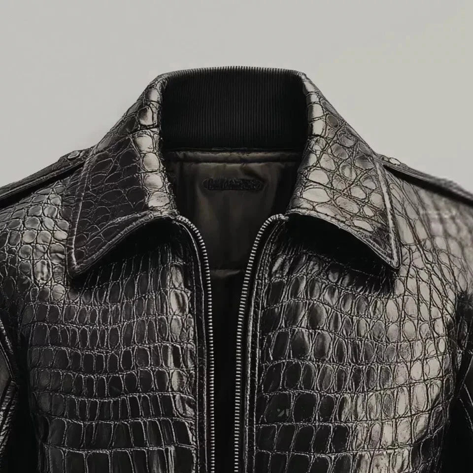 Men's Black Real Leather Crocodile Embossed Jacket Biker Alligator Print Jacket