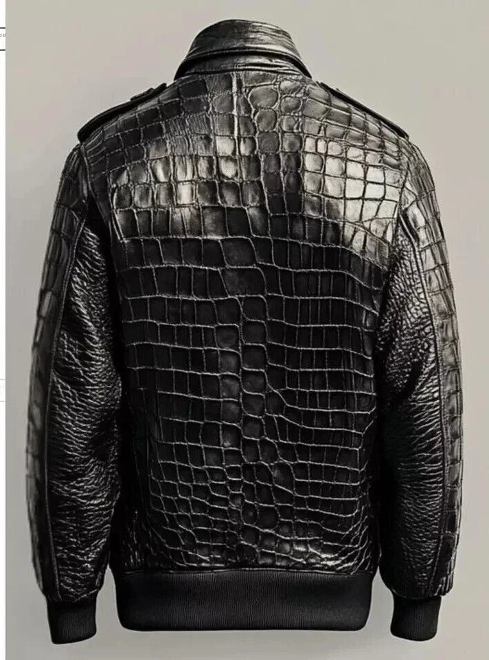 Men's Black Real Leather Crocodile Embossed Jacket Biker Alligator Print Jacket