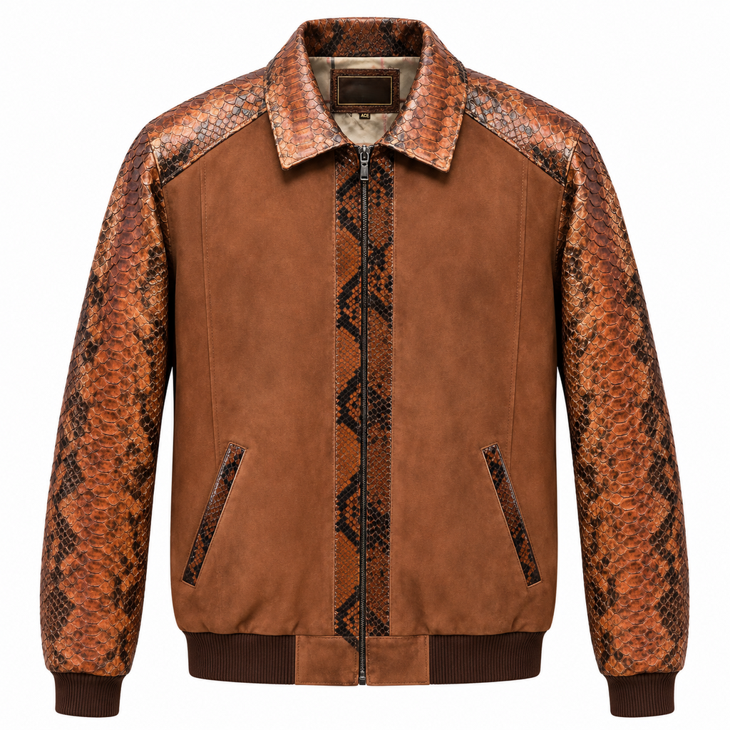 Men's Brown Leather Jacket Snakeskin Print Real Suede Leather Bomber Luxury Coat