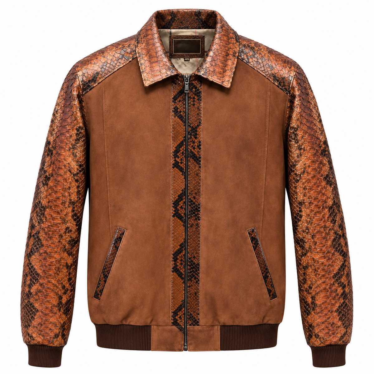 Men's Brown Leather Jacket Snakeskin Print Real Suede Leather Bomber Luxury Coat