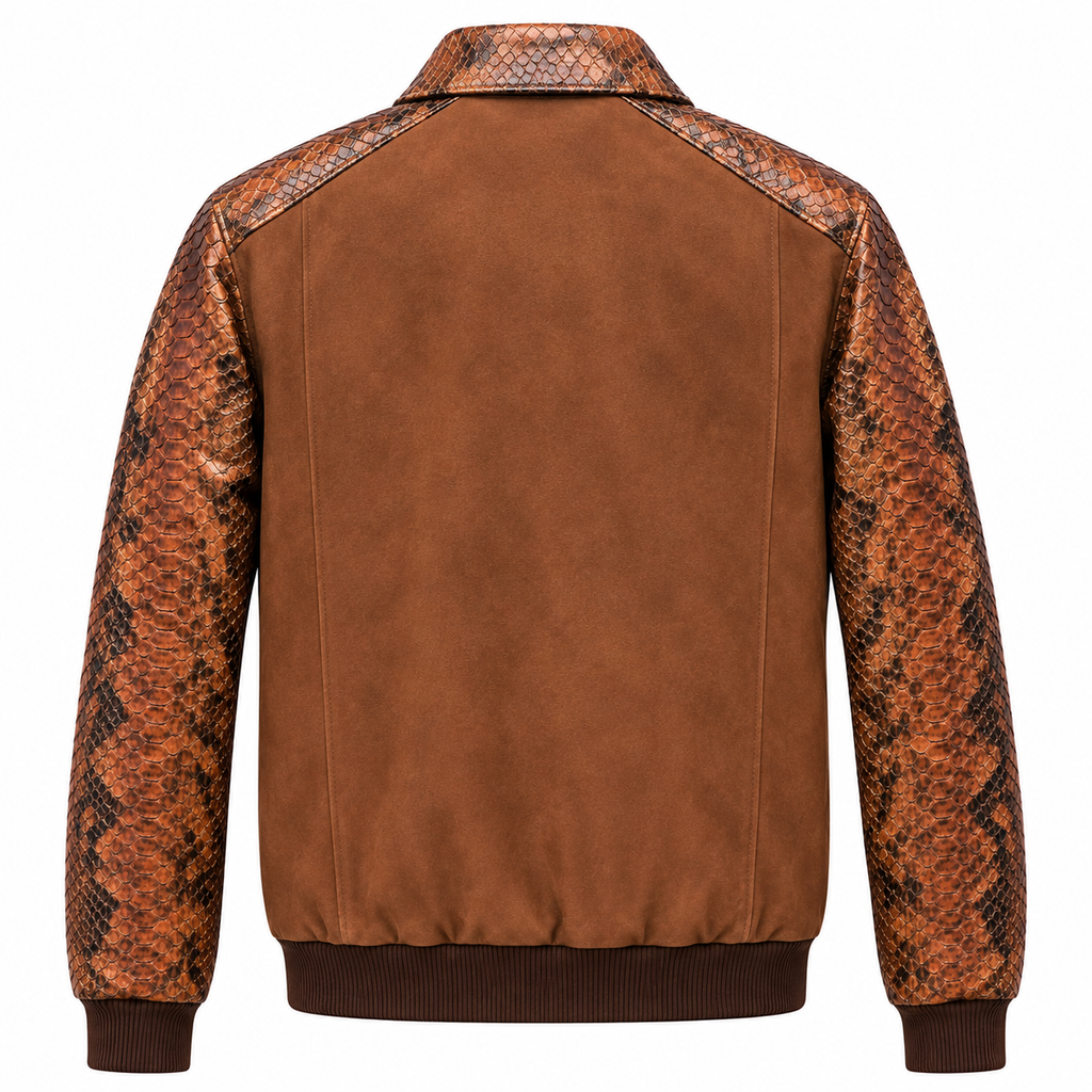 Men's Brown Leather Jacket Snakeskin Print Real Suede Leather Bomber Luxury Coat